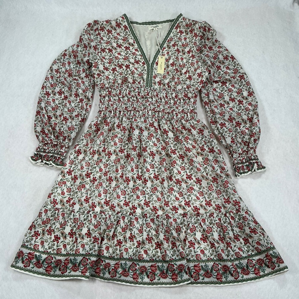 Max Studio London Floral Smocked Waist V-Neck Mini Dress Cream Red Green 2905X63